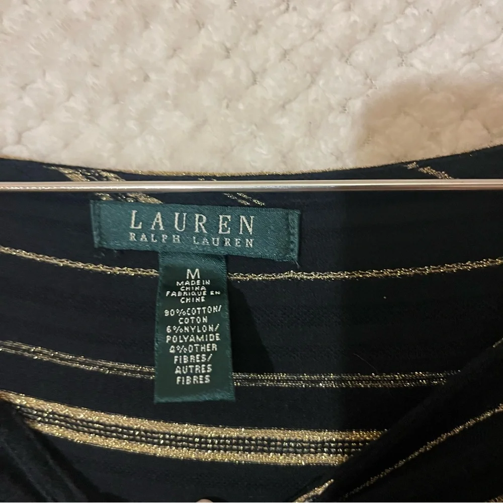 Lauren Ralph Lauren Navy Black & Gold Striped Boatneck Cotton Blend Womens MED - Picture 2 of 4